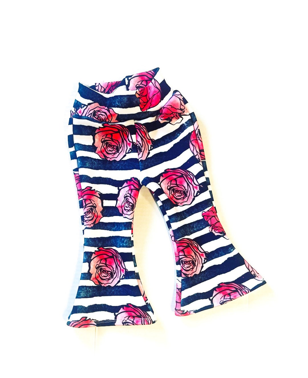 Baby Girl Bell Bottom Pants, Black Striped Roses Floral Watercolor Baby Flared Pants, Flowy
