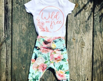 Baby Girl Outfit Set: Floral Leggings, 'Wild and Free' Bodysuit, Bow Headband