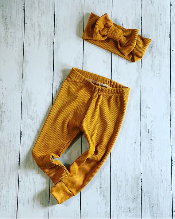 Gold Stretch Corduroy Leggings, Girls Big Bow, Baby Girl Mustard