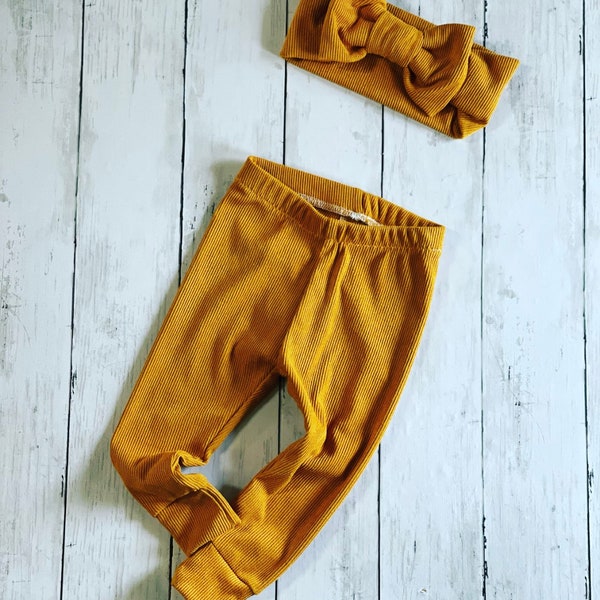 Gold Stretch Corduroy Leggings, Girls Big Bow, Baby Girl Mustard Gold Pants, Fall Baby Leggings, Corduroy Ribbed  Headband Bow