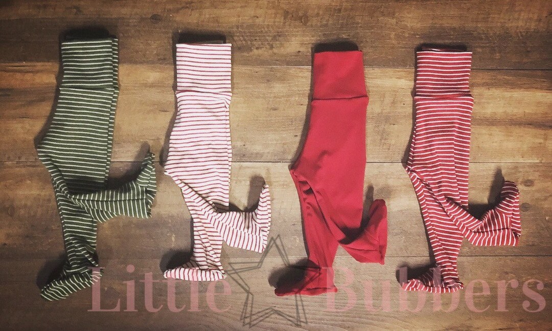 Christmas Footed Baby Pants, Footies, Red Striped Baby Pants, Green