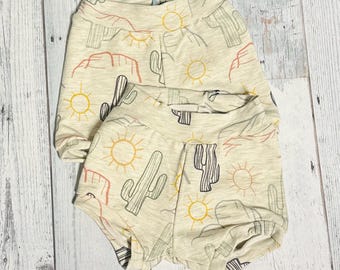 Desert Cactus Baby Shorts, Oatmeal French Terry Cotton Bummie Shorts, Desert scene boy shorts