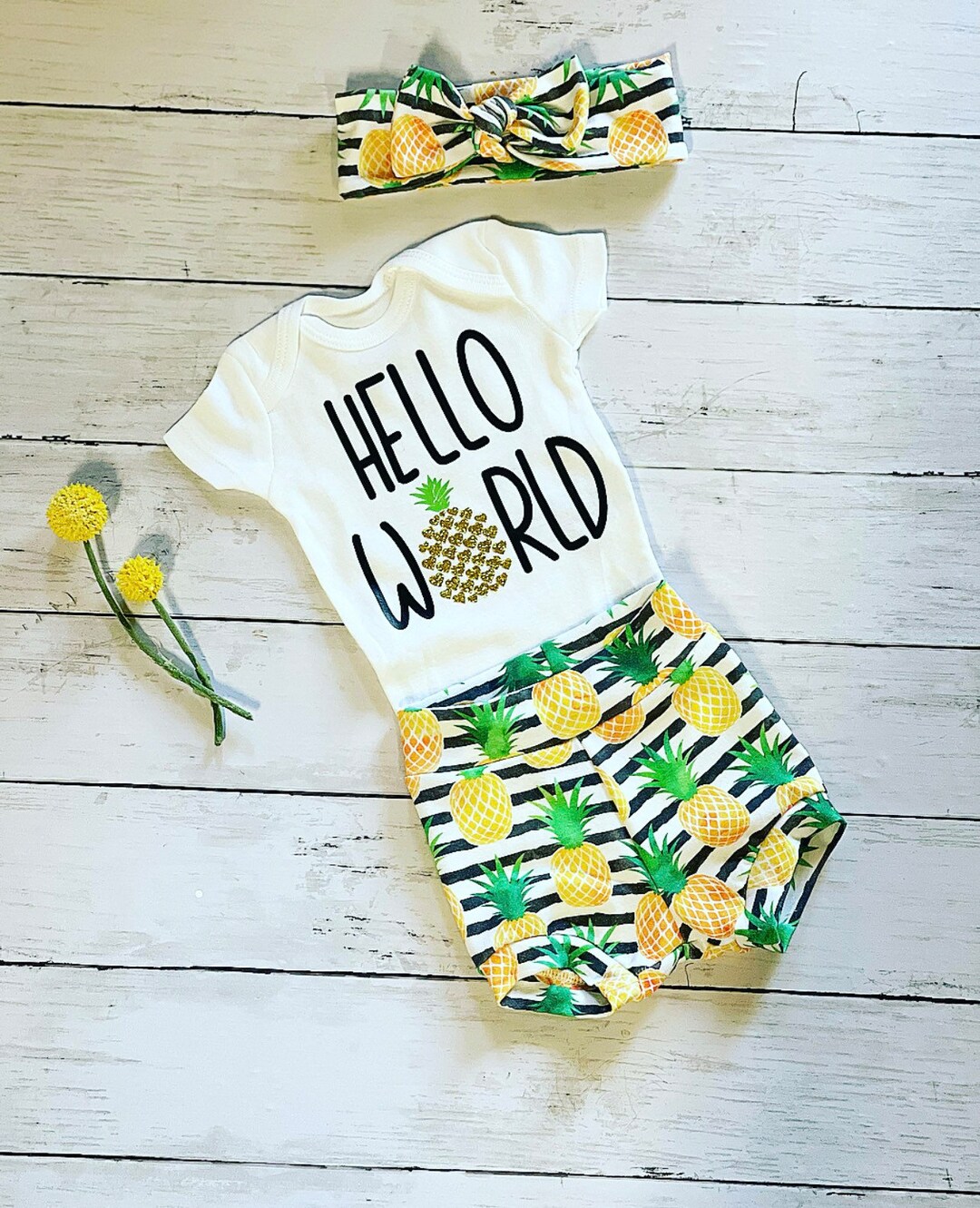 Hello World Pineapple Baby Outfit Sweet One Newborn Bodysuit Etsy