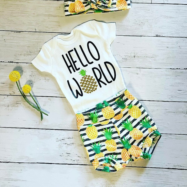 Hello World Pineapple Baby Outfit, Sweet One Newborn Bodysuit, Pineapple bummie shorts, Headband, Coming Home Outfit Summer