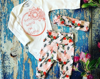 Hello World Outfit, Baby Girl Coming Home Outfit, Girl Going Home Outfit, Personalized Baby Outfit, Floral Baby Newborn Outfit
