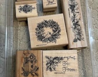 Ancien millésime 1997 Stampin up ! Jeu de 7 estampes en bois Noël nature _ estampage _ cardinal - couronne - nichoir