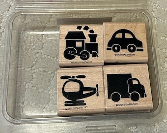 Ancien millésime 1991 Stampin up ! Lot de 4 tampons en bois Going Places _ Estampage Voiture Train Hélicoptère