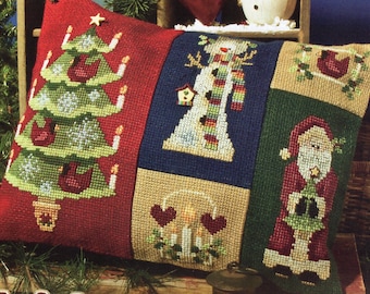 CHRISTMAS PILLOW Motif with Tree Snowman Santa Candle Cardinal Holiday Sampler Cross X-Stitch Stitch Chart Pattern Needle