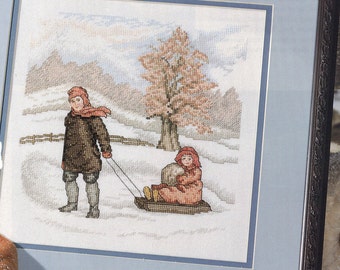 Au point de croix tableau - plaisirs d’hiver - frère tirant un traîneau pour bébé soeur - patron couture X-point