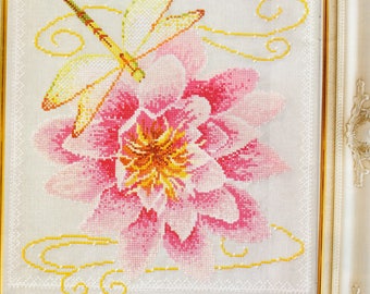 Summer Beauty - WATERLILY & DRAGONFLY Cross Stitch Chart Pattern X-Stitch Needlework Flower