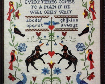Beautiful Vintage Extra Large Pennsylvania Dutch Sampler- Rare Cross X-Stitch Stitch Chart Pattern Needle