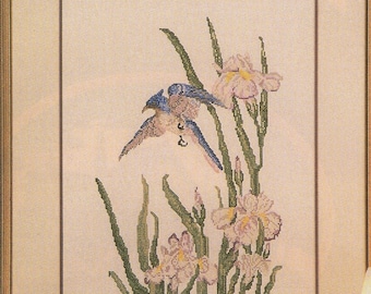 Vintage BLUE JAY & IRIS Sampler croix X-point point graphique motif à l’aiguille