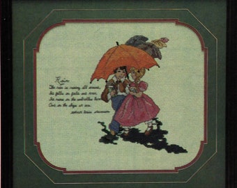 Beautiful Vintage RAIN - Children with Umbrella Cross X-Stitch Stitch Chart Pattern Needle