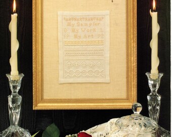 Dépliant vintage au point de croix _ The Needle's Work Sampler par Dawn Lewis _ Blanc sur blanc