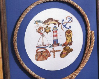 Rare à l’EXTÉRIEUR Sampler des bottes de COW-BOY PÊCHE phare Cross Stitch graphique X-point motif tapisserie