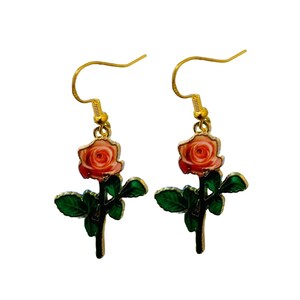 Beautiful Gold Pink Roses Flowers Earrings Gold Plated Silver Hooks Gift Ideas
