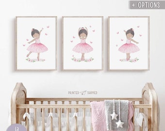 Ballerina print set of 3, Black Ballerina nursery wall art, Little girl room decor, Watercolor ballet dancer, Pink nursery