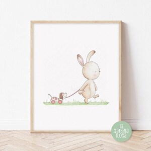 May include: A watercolor illustration of a brown bunny rabbit walking on a green grassy path, pulling a brown and white toy dog on wheels with a pink leash.