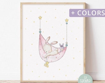 Bunny nursery print, Baby girl shower gift, Whimsical animal wall art, Watercolor bunny art, Baby nursery decor 4COLORS
