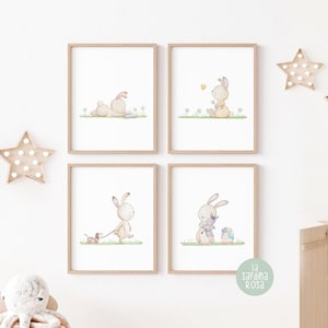 Baby Bunny nursery prints, Set of 4 wall art, Woodland nursery print, Rabbit art, Baby animal art, Kids room decor