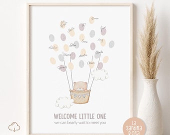 Teddy bear Baby shower Fingerprint guestbook alternative, We Can Bearly Wait, Gender neutral beige grey Hot Air Balloon Printable guestbook.