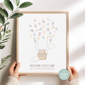 Teddy Bear baby shower sign in Fingerprint guestbook alternative, We Can Bearly Wait, Gender neutral Thumbprint Balloon guest book Printable