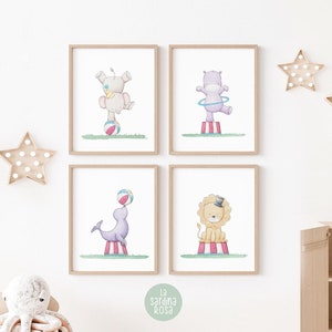 Set of 4 Circus animals nursery wall art, Kids room print set, Gender neutral Baby room art, Playroom decor Elephant, Lion, Seal, Hippo