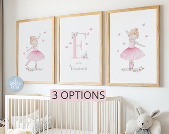Ballerina wall art set, Personalized name print, Ballet nursery decor, Girl room art print, Pink ballerina poster