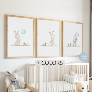 Set of 3 Baby bunny room print, Woodland nursery decor, Baby nursery wall art, Rabbit art print, 6 colors
