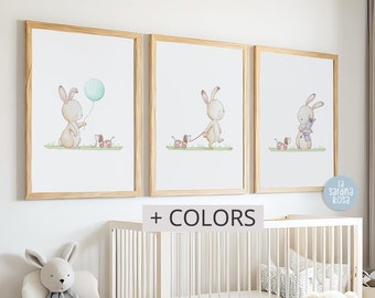 ベビーバニーのルームプリント3枚セット、森の動物モチーフの子供部屋装飾、ベビー用子供部屋の壁飾り、ウサギのアートプリント、6色