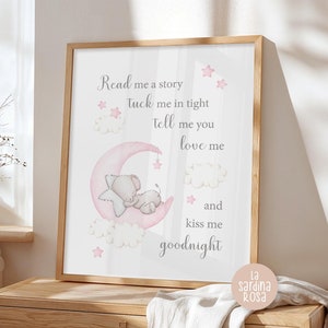 Baby girl nursery print Read me a story Tuck me in tight, Baby Elephant wall art, Nursery quote, Pink Moon and stars, PRINTABLE poster