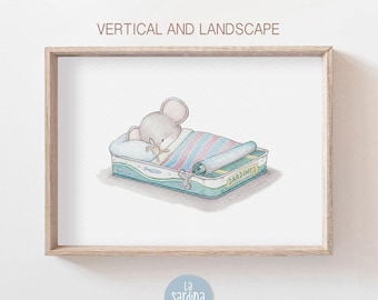 Mouse nursery print, Kids room decor, Whimsical nursery print, Baby room wall art, Watercolor mouse illustration, Woodland animals art