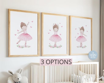 Ballerina wall art set, Little girl prints, Ballet nursery decor, Watercolor pink ballerina print, Girl nursery decor