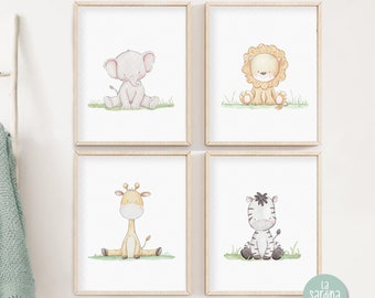 Set of 4 Safari animals prints, Baby nursery wall art, Jungle nursery decor, Giraffe Lion Elephant Zebra