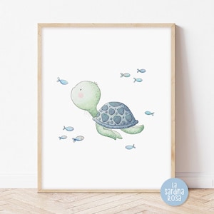Sea turtle art, Nautical nursery decor, Under the sea creatures wall art, Kids room print, Gender neutral