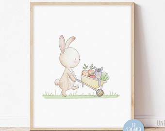 Bunny print Neutral nursery decor, Rabbit art print, Bunny wall art, Baby woodland farm animals, Kids room wall art