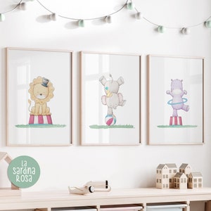 Kids room wall art, Circus nursery theme, Toddler Playroom print set, Circus animals art, Lion, Hippo, Elephant