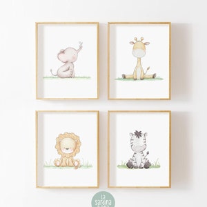 Juego de 4 láminas infantiles de animales de safari, arte de pared para habitación de bebé con temática de jungla neutra, póster de acuarela de elefante, león, jirafa y cebra.