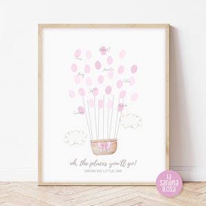 Libro de visitas con huella dactilar, alternativa al libro de visitas con huella dactilar para baby shower de niña, letrero imprimible con huella dactilar, lazo rosa, regalo de nacimiento, Oh, los lugares