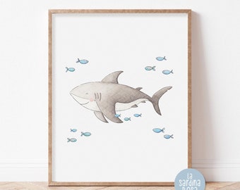 Shark wall art, Ocean nursery decor, Under the sea nursery prints, Sea animals wall art, Nautical kids room decor