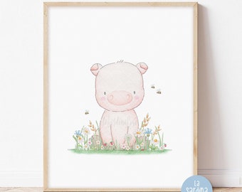 Baby Pig nursery print, Farm animals art with flowers, Farmhouse Baby room decor, Watercolor Pig wall art, Kids room print Toddler poster