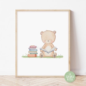 Arte murale per la cameretta dei bambini con orsetto, stampa per la cameretta dei bambini, decorazione per la sala giochi dei bambini, arte per l'angolo lettura