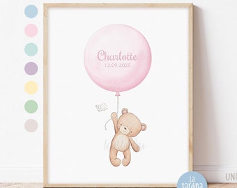 Custom name nursery print, Teddy bear art, Baby girl shower gift, Balloon nursery decor, Kids room wall art
