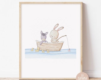 May include: A watercolor illustration of a bunny and a donkey in a boat fishing. The bunny is holding a fishing rod and the donkey is sitting in the boat. There are yellow rubber duckies floating in the water.
