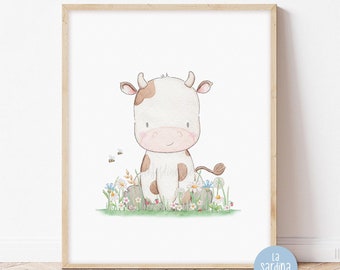 Impression de vache à la ferme, Art aquarelle de bébés animaux, Décoration de chambre de bébé de ferme, Vache avec fleurs sauvages, Poster de chambre de tout-petit, Impression de chambre d'enfant
