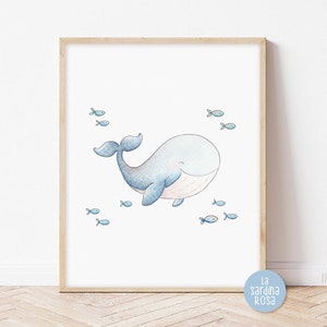 Whale print Baby nursery wall art, Ocean theme decor, Kids room art, Nautical nursery art, Blue whale print