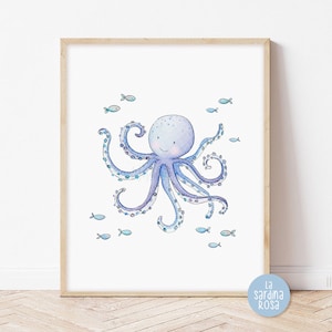 Ocean nursery wall art, Sea life print, Octopus, Nautical Baby room decor, Under the sea animal, Watercolor sea  print