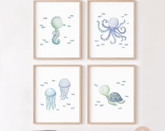 Ocean nursery print set, Under the sea wall art, Nautical kids room decor, Sea life animals art, Turtle, Jelly fish, Seahorse, Octopus  A
