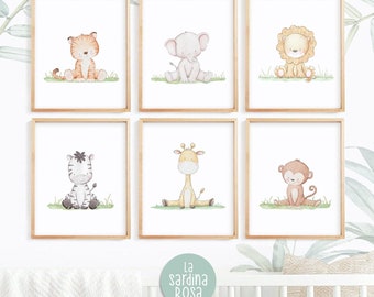 Safari baby animals, Jungle nursery wall art, Set of 6 Safari nursery prints, Kids room print set