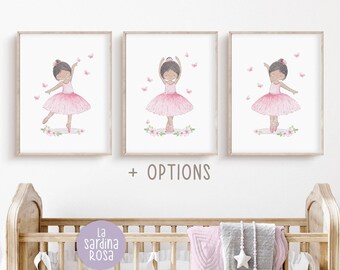 Ballerina print set of 3, Black Ballerina nursery wall art, Little girl room decor, Watercolor ballet dancer, Pink nursery